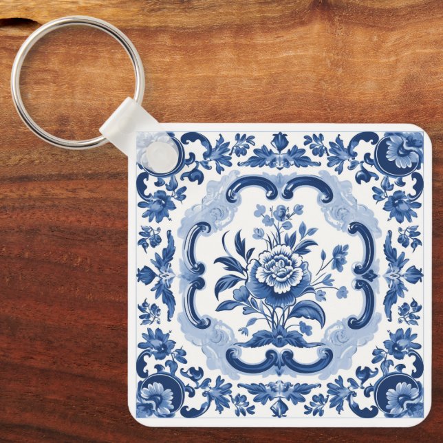 Custom Text Floral Dutch Tiles Pattern Key Ring (Front)