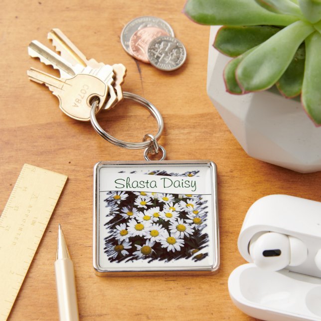 Custom Text Floral Shasta Daisy Flower Photograph Key Ring (Desk)