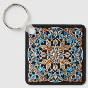 Custom Text Floral Tile Pattern Faux Ceramic Key Ring