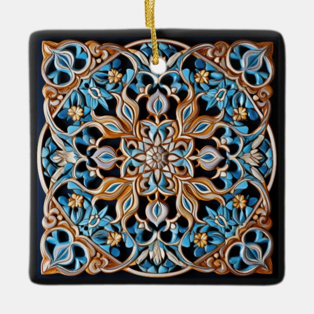 Custom Text Floral Tile Pattern Faux Ceramic Ornament (Front)