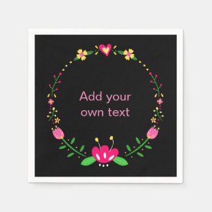 Custom Text Floral Wreath on Black Napkin