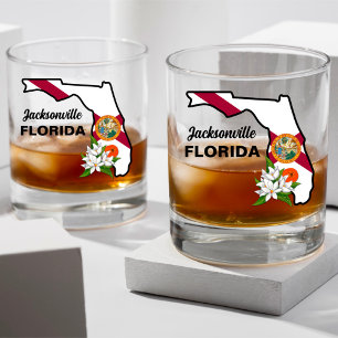 Custom Text Florida Flag & Flower Orange Blossom Whiskey Glass