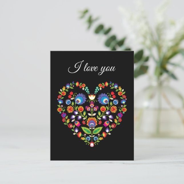 ❤ Custom text, Folklore heart, Wycinanki style  Postcard (Standing Front)