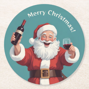 Custom Text Funny Drunk Santa Round Paper Coaster