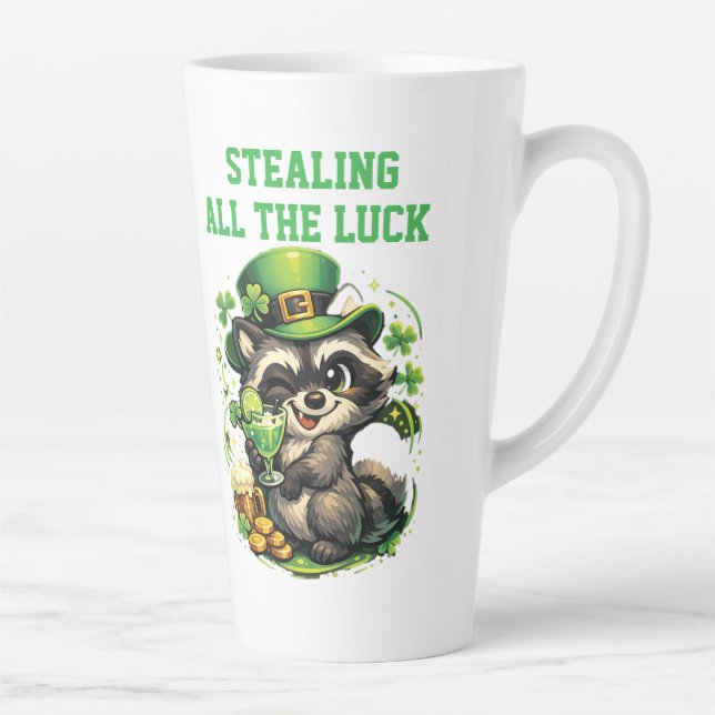 Custom Text Funny Racoon St. Patrick's Day Latte Mug (Right)
