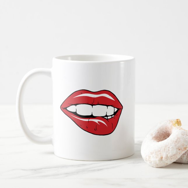 Custom Text Funny Red Lips Cartoon Mouth Coffee Mug (With Donut)
