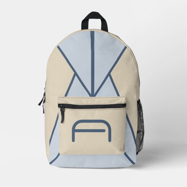 Custom Text Geometric Abstract Cream & Blue Printed Backpack (Front)