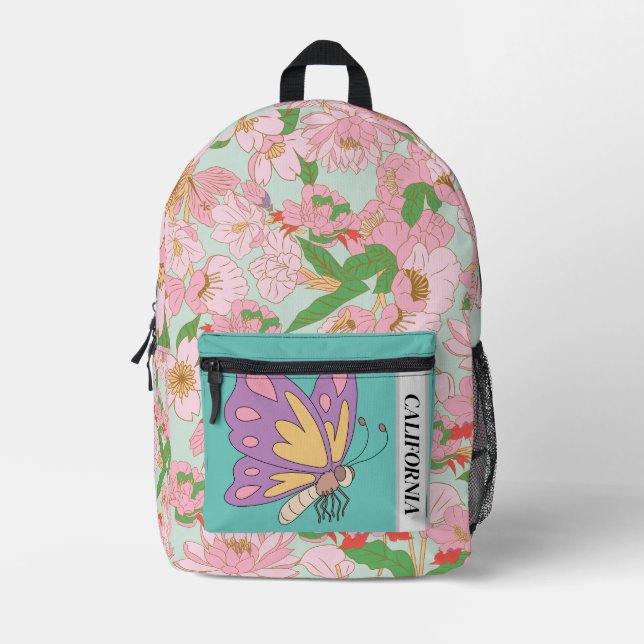 Custom text girly floral with butterfly cute Blue Printed Backpack (Front)