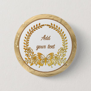 Custom Text, Gold Butterfly and Flower 6 Cm Round Badge