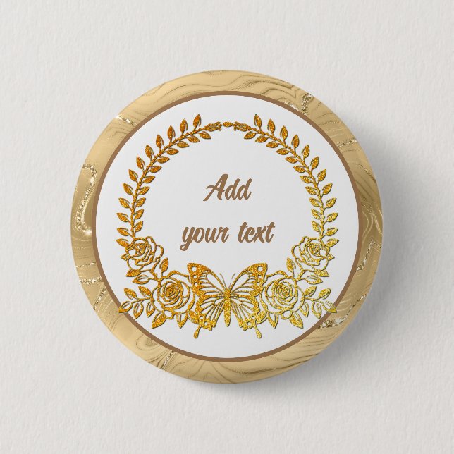 Custom Text, Gold Butterfly and Flower  6 Cm Round Badge (Front)