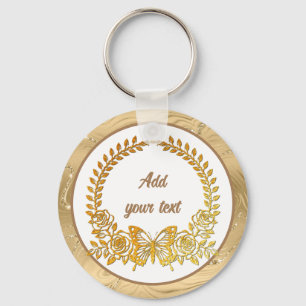 Custom Text, Gold Butterfly and Flower Key Ring