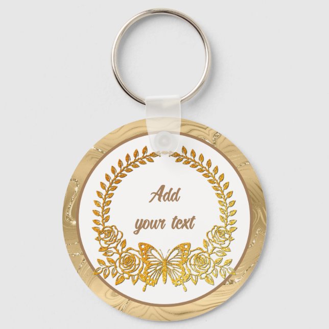 Custom Text, Gold Butterfly and Flower Key Ring (Front)