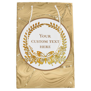 Custom Text, Gold Butterfly and Flower Medium Gift Bag