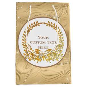 Custom Text, Gold Butterfly and Flower Medium Gift Bag