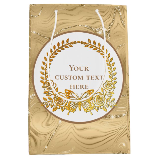Custom Text, Gold Butterfly and Flower Medium Gift Bag (Front)