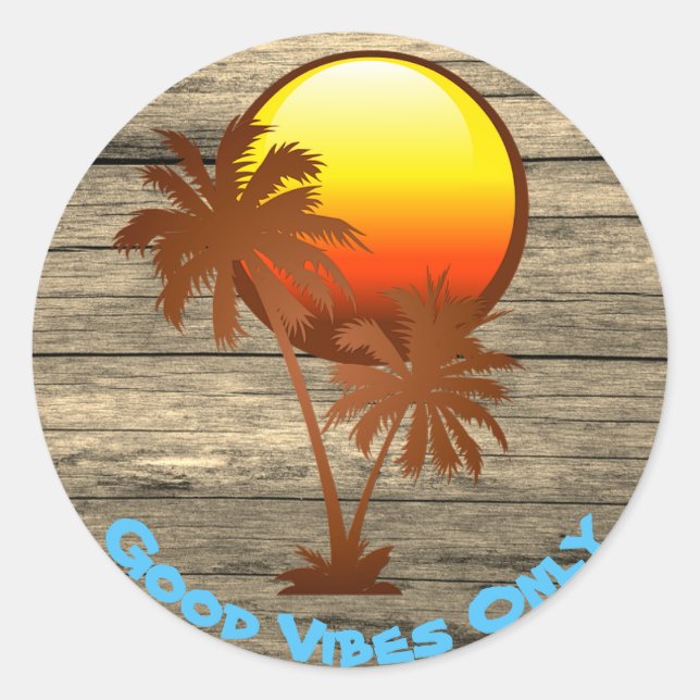 Custom Text Good Vibes Only Sunset Pier Beach Classic Round Sticker (Front)