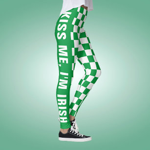 Custom Text Green And White Checkered Flag Pattern Leggings