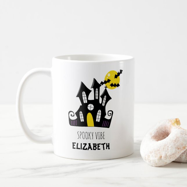 Custom Text Halloween Spooky Castle Coffee Mug (With Donut)