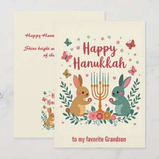 Custom text Happy Hanukkah Bunny Menorah Holiday Card
