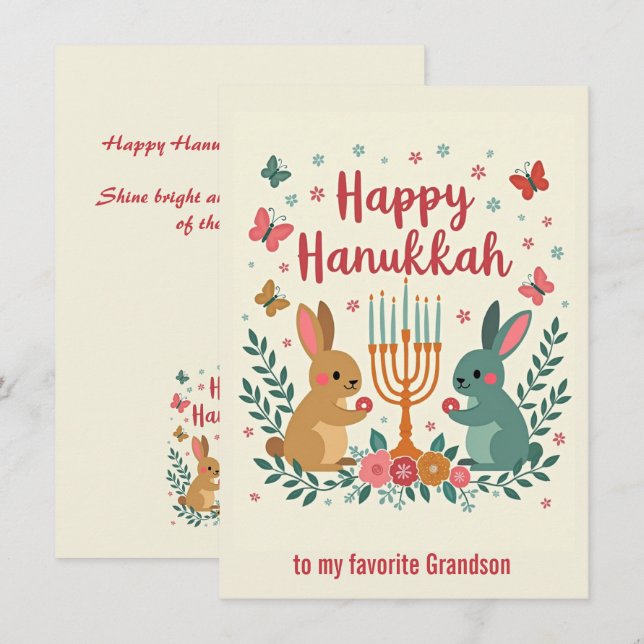 Custom text  Happy Hanukkah Bunny Menorah  Holiday Card (Front/Back)