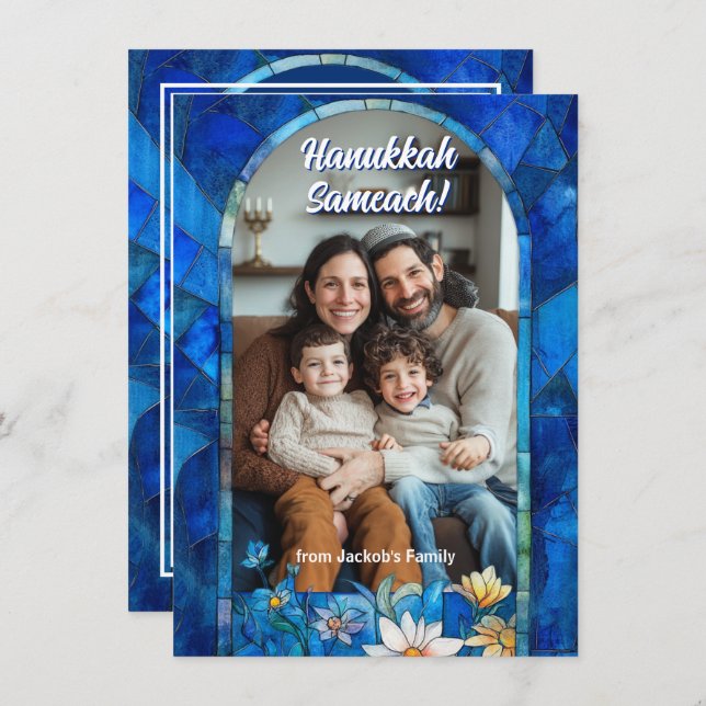 Custom text Happy Hanukkah, stained glass Holiday Card (Front/Back)