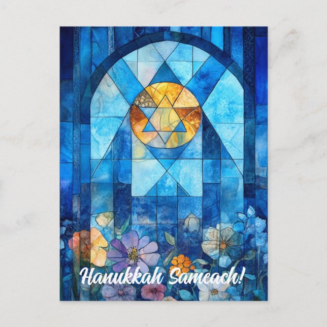 Custom text Happy Hanukkah, stained glass Postcard (Front)