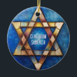 Custom text Happy Hanukkah✡️, Star of David Ceramic Tree Decoration<br><div class="desc">This delightful Hanukkah ceramic circle ornament, named “Festival of Lights Harmony, ” is a perfect addition to your holiday decor. It features a beautifully crafted Star of David in a stained glass style with rich hues of blue, gold, and brown, creating an elegant mosaic effect. In the centre, bold white...</div>