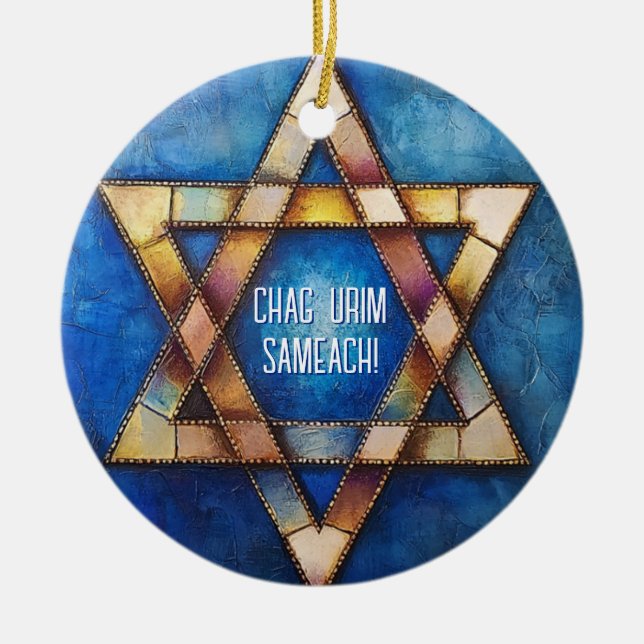 Custom text Happy Hanukkah✡️, Star of David Ceramic Tree Decoration (Front)