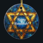 Custom text Happy Hanukkah✡️, Star of David Ceramic Tree Decoration<br><div class="desc">This charming Hanukkah ceramic circle ornament, named “Starry Night Hanukkah Charm, ” is a delightful addition to any holiday decor. It features a radiant Star of David in a glowing golden hue set against a deep blue background, reminiscent of a starlit night sky. The elegant white script in the centre...</div>