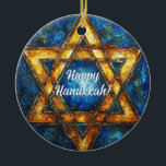 Custom text Happy Hanukkah✡️, Star of David Ceramic Tree Decoration<br><div class="desc">This charming Hanukkah ceramic circle ornament, named “Starry Night Hanukkah Charm, ” is a delightful addition to any holiday decor. It features a radiant Star of David in a glowing golden hue set against a deep blue background, reminiscent of a starlit night sky. The elegant white script in the centre...</div>