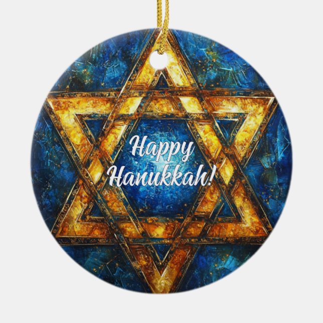 Custom text Happy Hanukkah✡️, Star of David Ceramic Tree Decoration (Front)