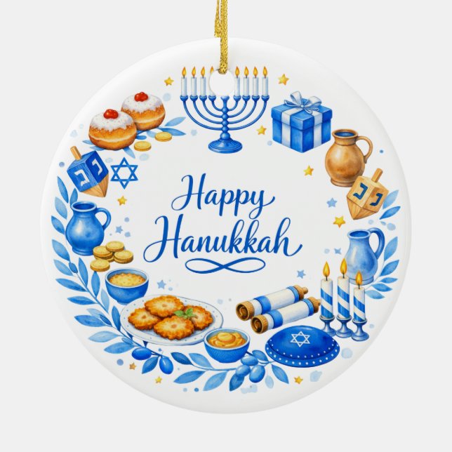 Custom text Happy Hanukkah Wreath  Ceramic Tree Decoration (Back)