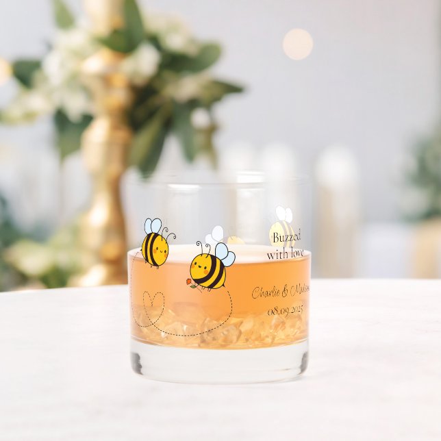 Custom Text Happy Love Bees Whiskey Glass (Insitu (Wedding))