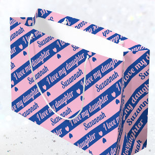 Custom Text Hearts Stripes Pink Navy Valentine's Large Gift Bag