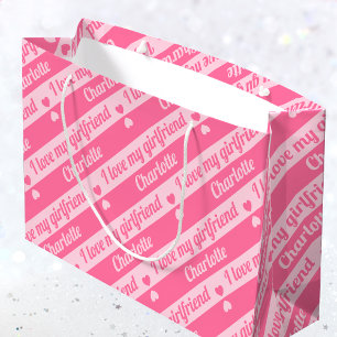 Custom Text Hearts Stripes Pink Valentine's Large Gift Bag