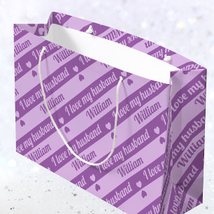Custom Text Hearts Stripes Purple Valentine's Large Gift Bag