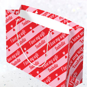 Custom Text Hearts Stripes Red Pink Large Gift Bag
