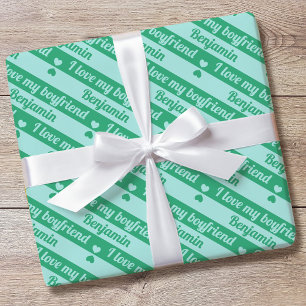Custom Text Hearts Stripes Valentine's Green Teal Wrapping Paper