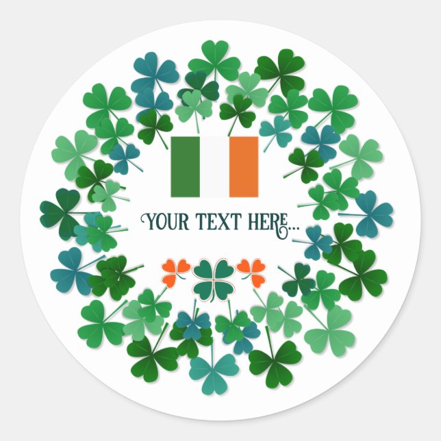 Custom Text Irish Shamrock and Flag  Classic Round Sticker (Front)