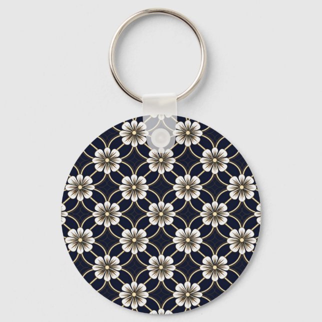 Custom Text Japanese Floral Pattern Key Ring (Front)