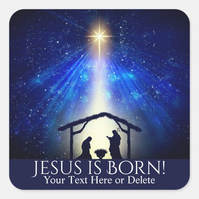 Custom Text Jesus is Born Nativity Christmas Star Square Sticker (Front)