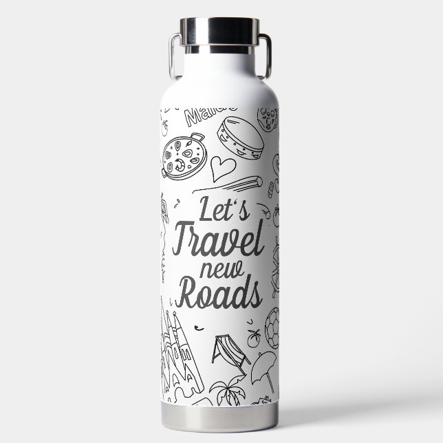 Custom Text Let's Travel Travelling Icon White Water Bottle (Front)