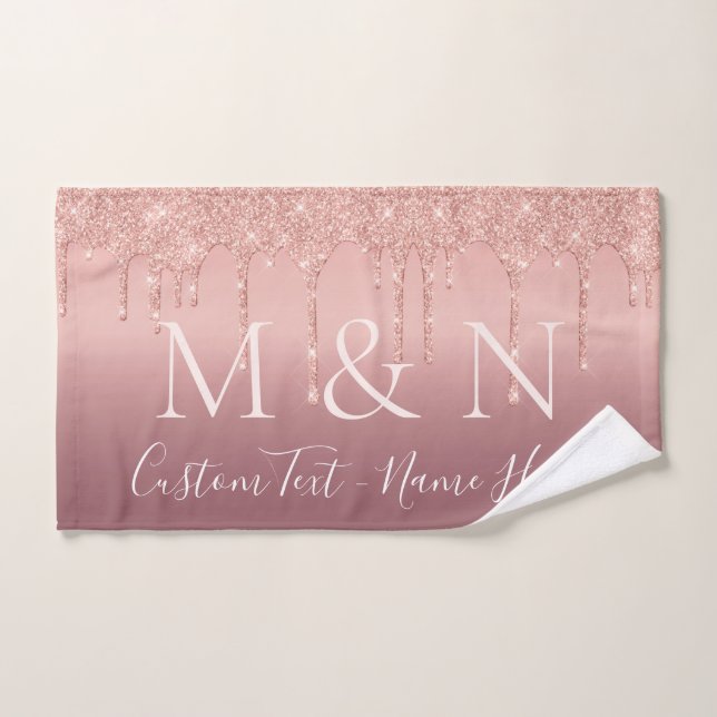 Custom Text Letters Rose Gold Blush Bath Towel Set (Hand Towel)