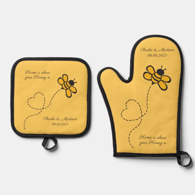 Custom Text Love Bee Oven Mitt & Pot Holder Set (Front)