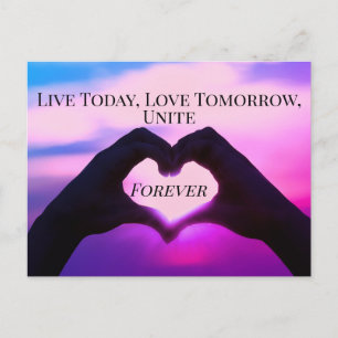 Custom Text Love Hands Heart Shape Pink Sunset Sky Postcard