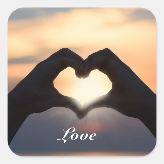Custom Text Love Hands Heart Shape Twilight Sunset Square Sticker (Front)