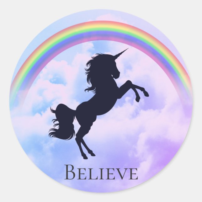 Custom Text Magic Unicorn Purple Clouds Rainbow Classic Round Sticker (Front)