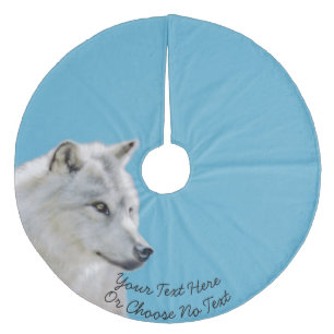Custom Text/ Majestic White Wolf Painting on Blue Fleece Tree Skirt