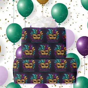 Custom Text Mardi Gras Mask Feathers Wrapping Paper