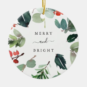 Custom Text Merry and Bright Christmas Greenery Ceramic Tree Decoration